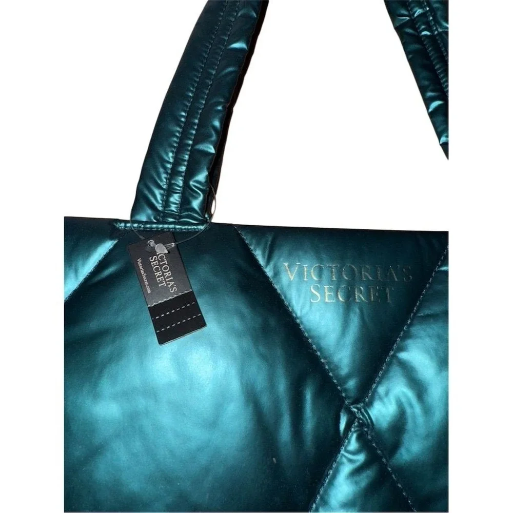 Victoria's Secret Emerald Teal Metallic Quilt Puffer Tote Bag weekender carry on